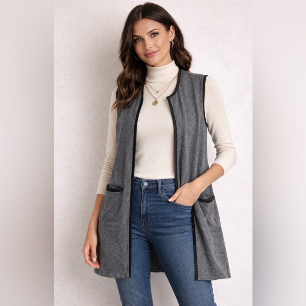 Laura Petites Gray Sleeveless Longline Vest LP | Faux Leather Trim Cardigan